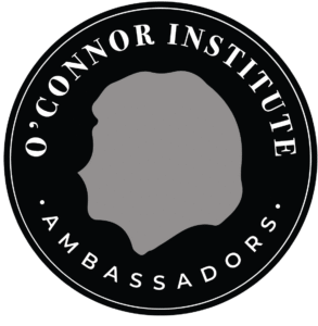 A circular black and white logo with the text "O’Connor Institute Ambassadors" surrounding a central, featureless gray silhouette, representing Student Perspectives and engagement.