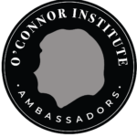 Logo of the O'Connor Institute Ambassadors features a silhouette profile in the center, surrounded by a circular border with the text "O'Connor Institute Ambassadors." The colors are primarily black and gray.