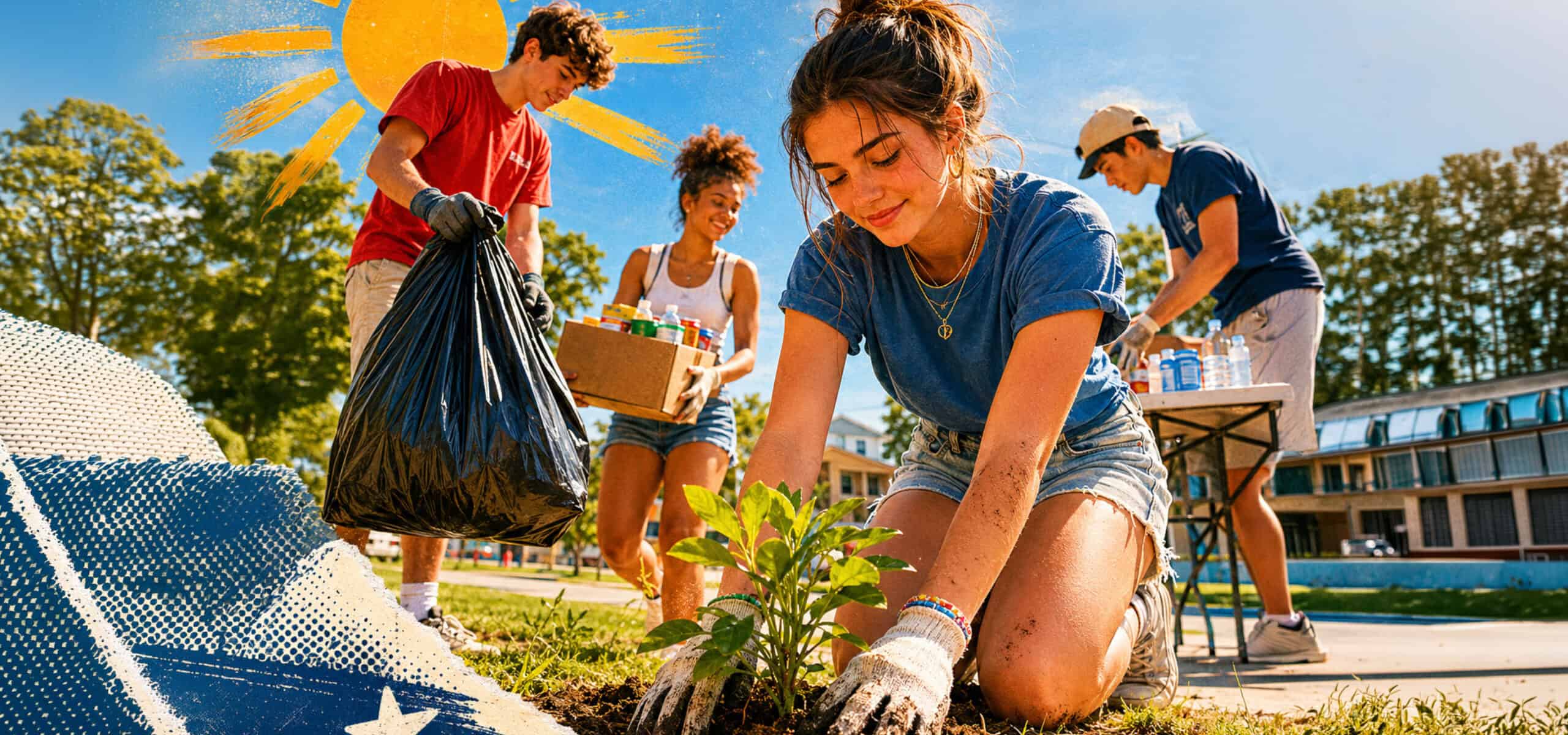 A group of young people, including Deloitte Foundation Arizona Scholars, work together outdoors on a sunny day, planting a small plant and collecting litter. They appear happy and engaged in a community service activity amid bright sun and greenery.