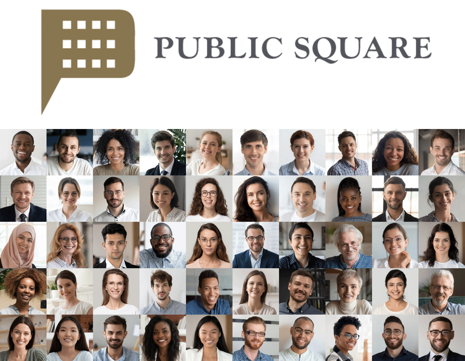 A collage of diverse individuals' headshots with a logo above reading 