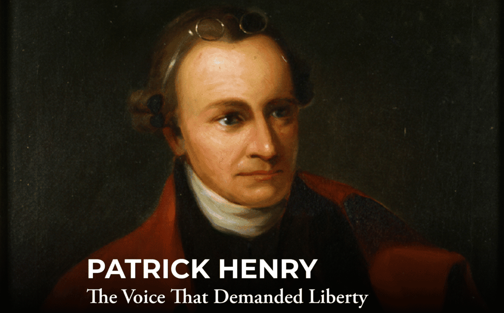A painted portrait of Patrick Henry in colonial attire, with text below reading "PATRICK HENRY The Voice That Demanded Liberty.