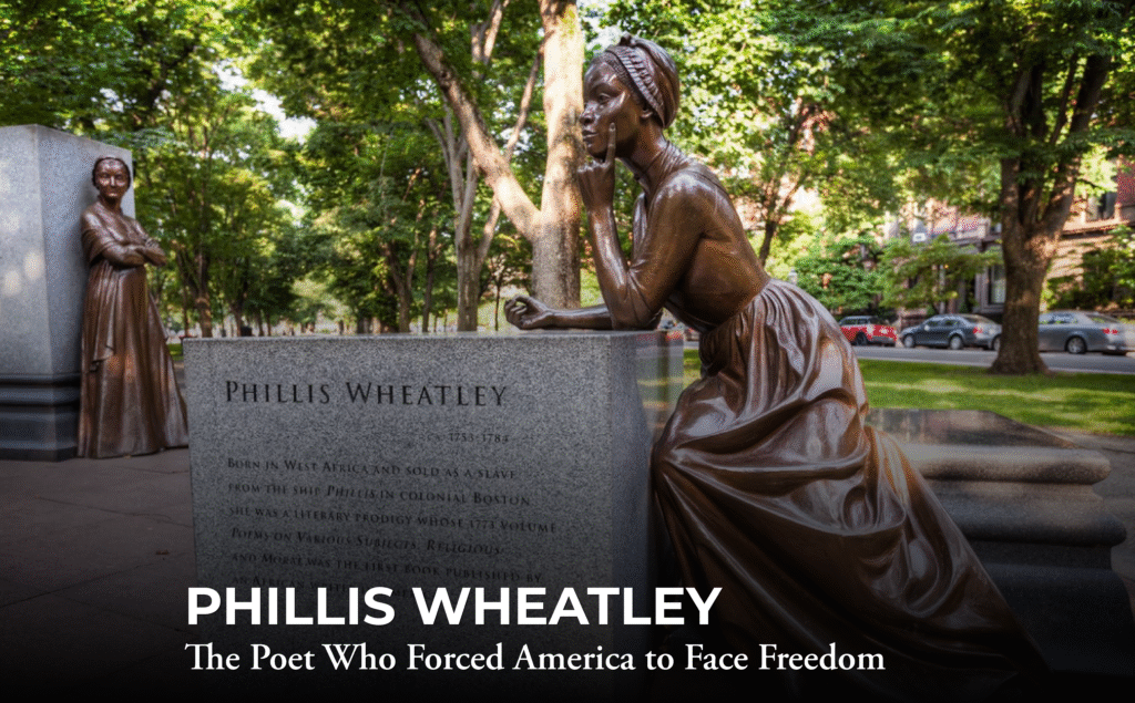 A bronze statue of Phillis Wheatley sits thoughtfully by a stone monument engraved with her name in a leafy park, with another statue—reminiscent of Patrick Henry—and brownstone buildings in the background. Text reads: “PHILLIS WHEATLEY The Poet Who Forced America to Face Freedom.”.