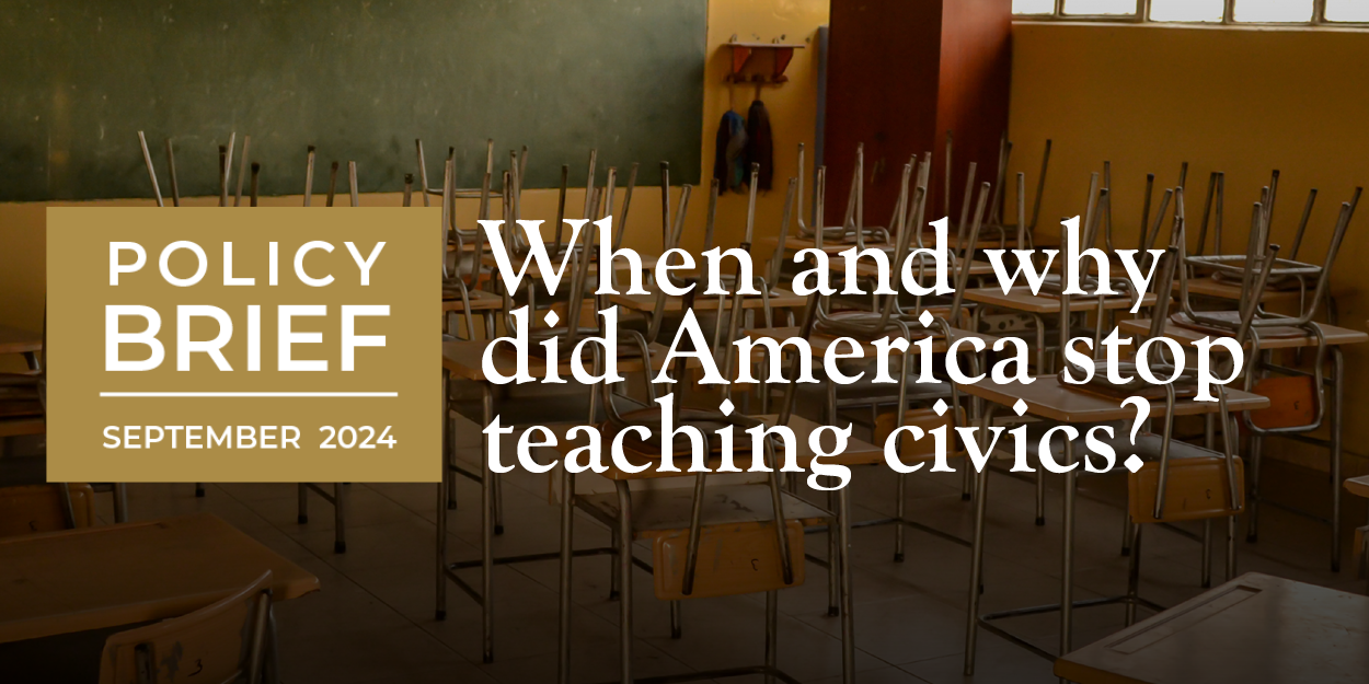 A dimly lit, empty classroom with chairs upside down on desks. Text reads: 