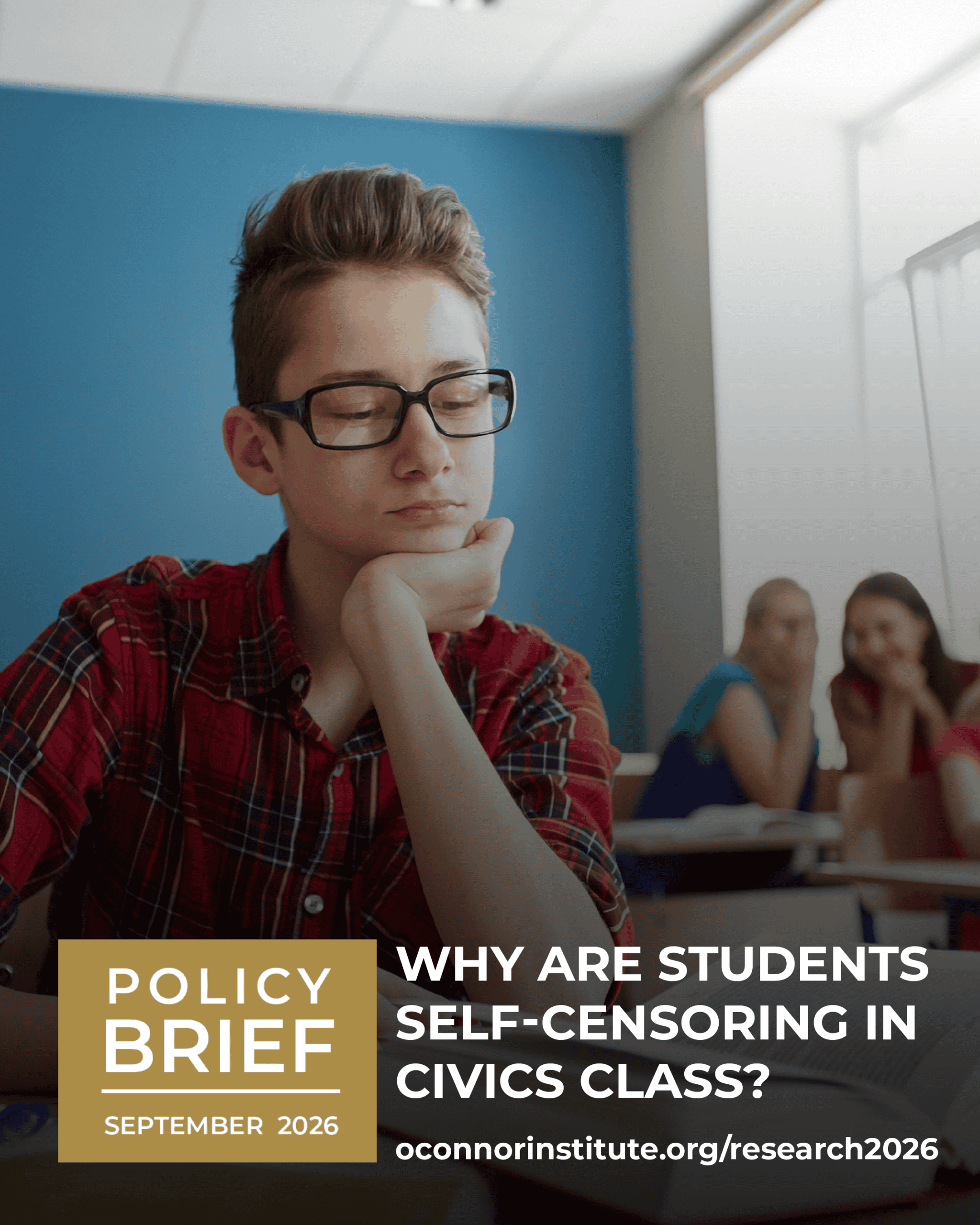 A student sits with eyes closed and head resting on hand in a classroom, appearing disengaged, while two classmates in the background talk. Text reads: “Why are students self-censoring in civics class?” The Citizen investigates what’s silencing young voices.