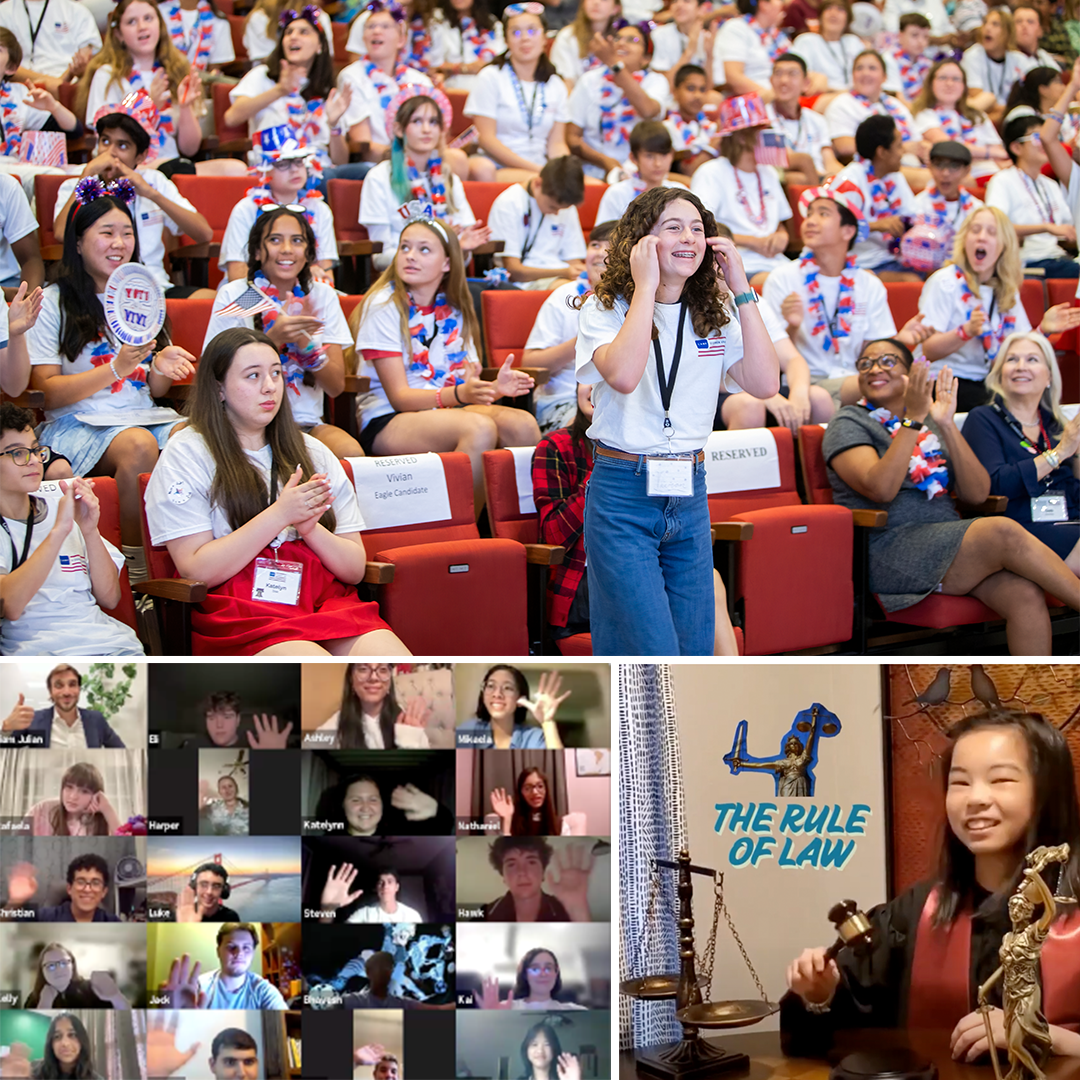 PressKitMontage2025 A group of students in a red-seated auditorium cheering, a virtual meeting grid of waving students, and a student smiling with a gavel near a "Rule of Law" sign, celebrating the legacy of Justice O'Connor.