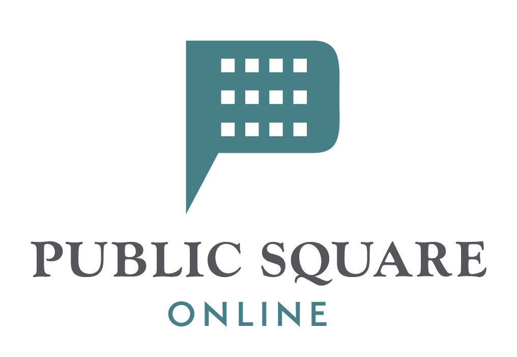 Logo with a teal speech bubble containing a grid of white squares above the words "Public Square" in gray and "Online" in teal, reflecting a space for Civil Discourse on a light background.
