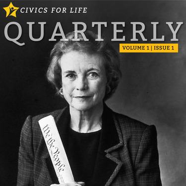 Black and white cover of Civics for Life Quarterly, Volume 1, Issue 1, featuring a person holding a scroll labeled 