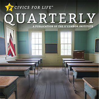 Cover of "Civics for Life Quarterly" featuring an empty vintage classroom with wooden desks, a chalkboard, and large windows. An American flag is displayed at the front of the room.