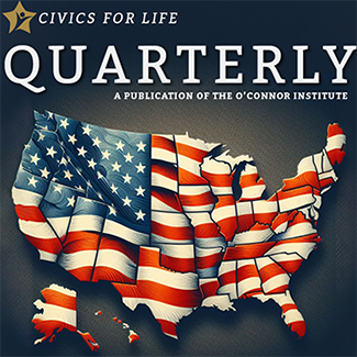 Stylized map of the United States with an American flag design. The map is featured on the cover of "Quarterly," a publication by the O'Connor Institute, under the phrase "Civics for Life.