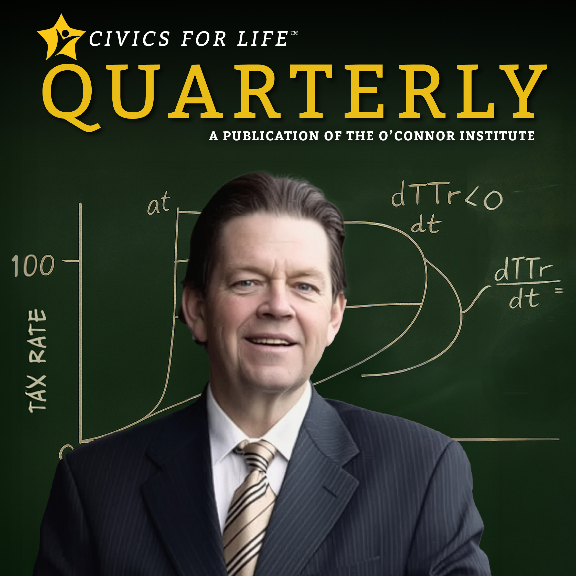 A man in a suit stands smiling in front of a chalkboard with economic graphs and equations, under the title “Civics for Life Quarterly: A Digital Publication of the O’Connor Institute.”.