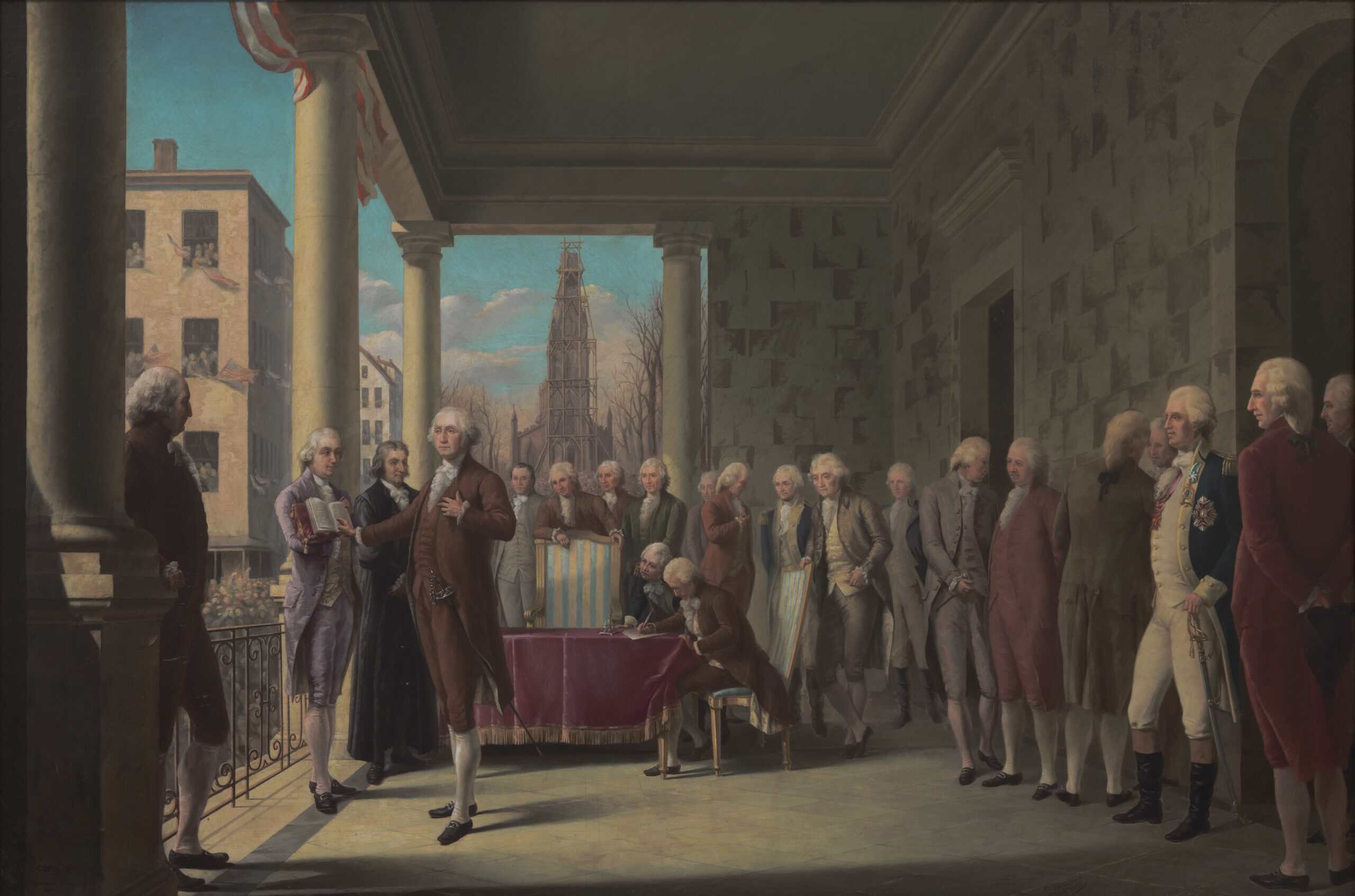 A historical painting depicts a group of men in 18th-century attire gathered on a columned balcony. One man stands at a table, raising his right hand as others watch, suggesting an important America 250 ceremony or event.