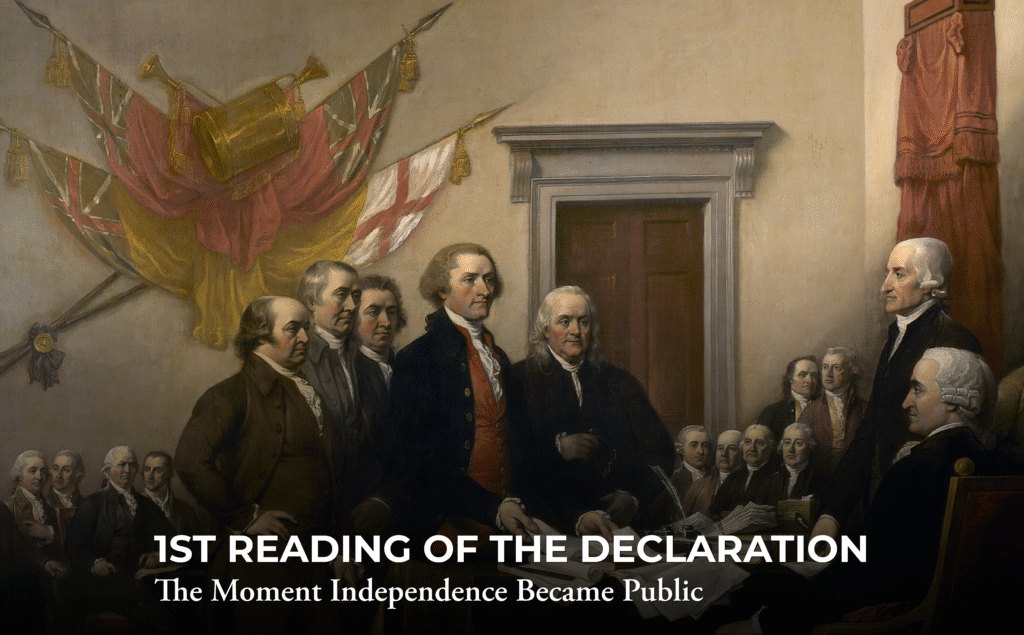A historical painting shows men in colonial attire gathered indoors, some standing and some seated, with flags on the wall. Text reads “1st Reading of the Declaration: The Moment Independence Became Public.”.