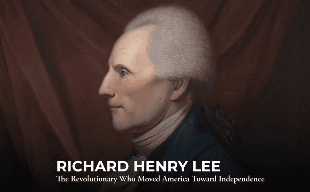 A painted portrait of Richard Henry Lee in profile against a dark background, with the text: "RICHARD HENRY LEE - The Revolutionary Who Moved America Toward Independence.