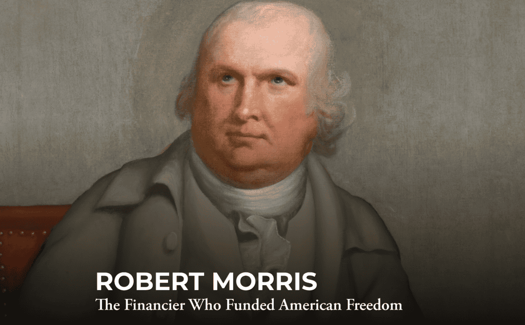 A painted portrait of Robert Morris, with white hair and a stern expression, wearing a tan coat. Text at the bottom reads: "ROBERT MORRIS The Financier Who Funded American Freedom.