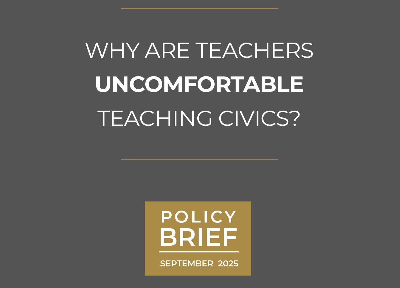 SDOI Research Brief -Teachers Uncomfortable-Press Dark gray graphic with the text: "Why are teachers uncomfortable teaching civics?" in white, with "uncomfortable" bolded. Below, a gold box reads "Policy Brief September 2025." Based on Original Research.