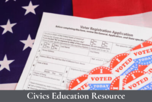 A voter registration form is placed on an American flag background, accompanied by several 