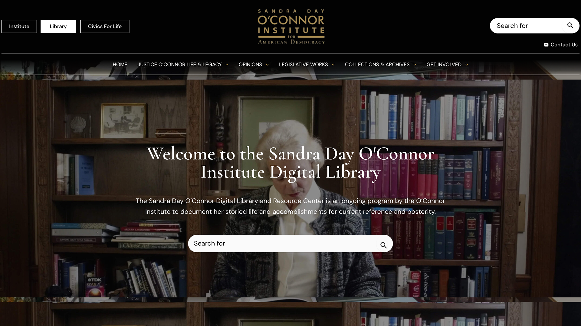 Homepage of the Sandra Day O'Connor Institute Digital Library. It features a search bar below text that welcomes visitors to the library. The background shows a person in front of bookshelves filled with books.