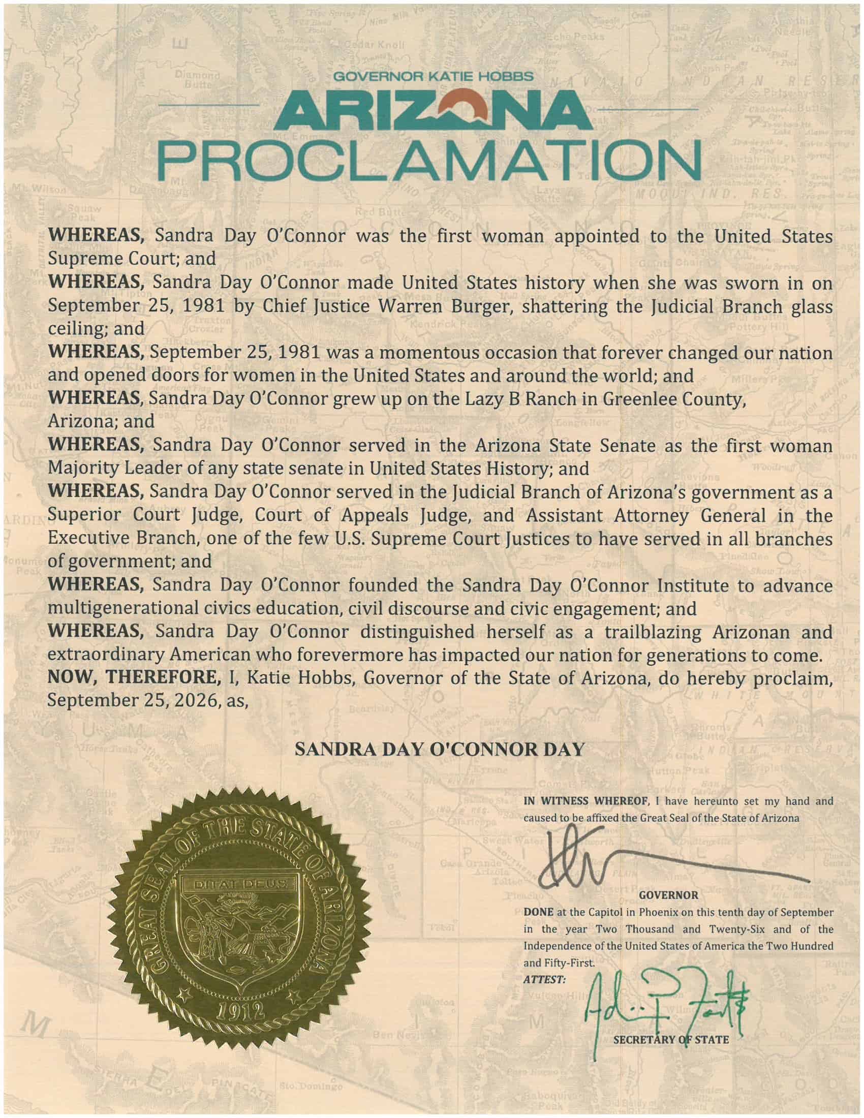 Arizona proclamation document with a gold state seal, blue and gold text, signed by Governor Katie Hobbs, declaring September 25, 2026, as “Sandra Day O’Connor Day” in honor of her achievements and lasting impact as The Citizen who transformed the state’s judicial legacy.