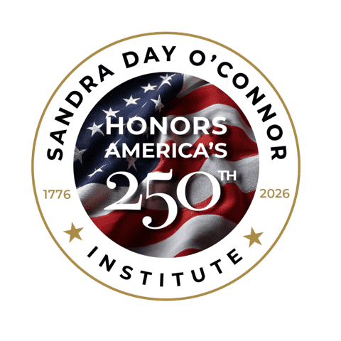 A circular logo features "Sandra Day O'Connor Institute" along the edge, an American flag at its center, and the text "Honors America’s 250th," with the years 1776 and 2026 flanking this tribute to Sandra Day O'Connor’s legacy.