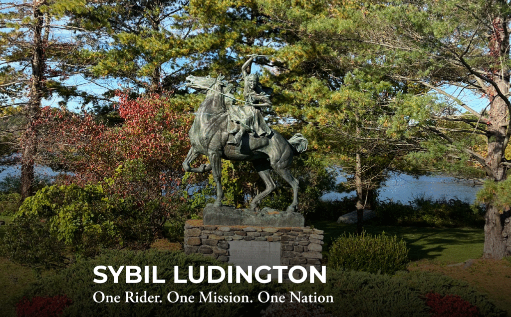 A bronze equestrian statue of Sybil Ludington stands on a stone pedestal, surrounded by trees and greenery near a lake. Text below reads: "SYBIL LUDINGTON. One Rider. One Mission. One Nation.