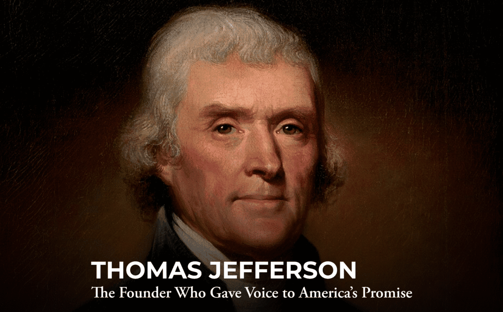 A painted portrait of Thomas Jefferson, with curly gray hair and a serious expression, shown against a dark background. White text below reads: "THOMAS JEFFERSON: The Founder Who Gave Voice to America’s Promise.