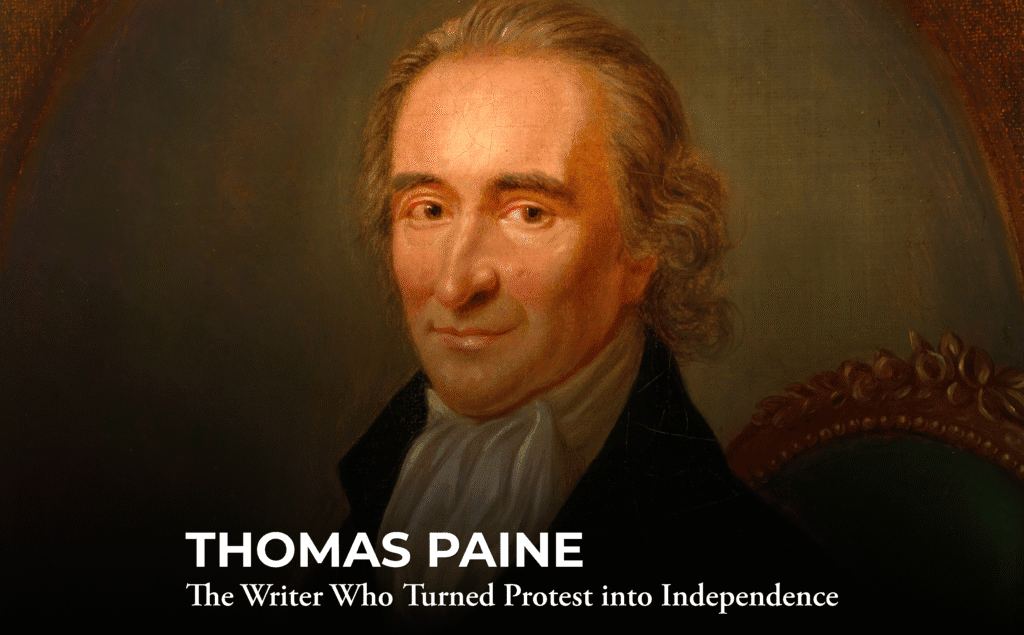 A painted portrait of Thomas Paine with light brown hair, wearing a dark coat and white shirt. Text below reads: "THOMAS PAINE: The Writer Who Turned Protest into Independence.