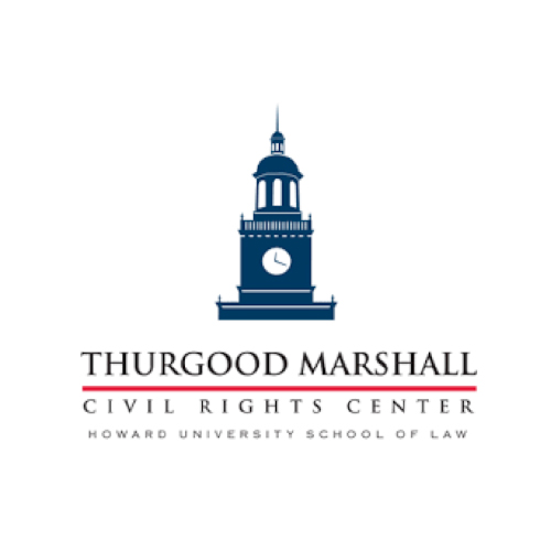 Logo of the Thurgood Marshall Civil Rights Center at Howard University School of Law, featuring a clock tower in blue above the text.