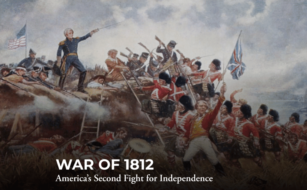 Painting of the War of 1812 depicting American soldiers, led by an officer with a sword, fighting British troops in red uniforms. An American flag is visible on the left, and a British flag is on the right.