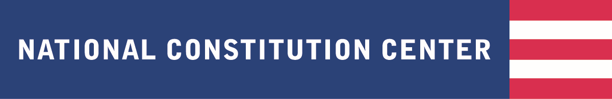 Logo with a blue rectangular background featuring the white text "NATIONAL CONSTITUTION CENTER." On the right side, there are three horizontal red stripes separated by white spaces.