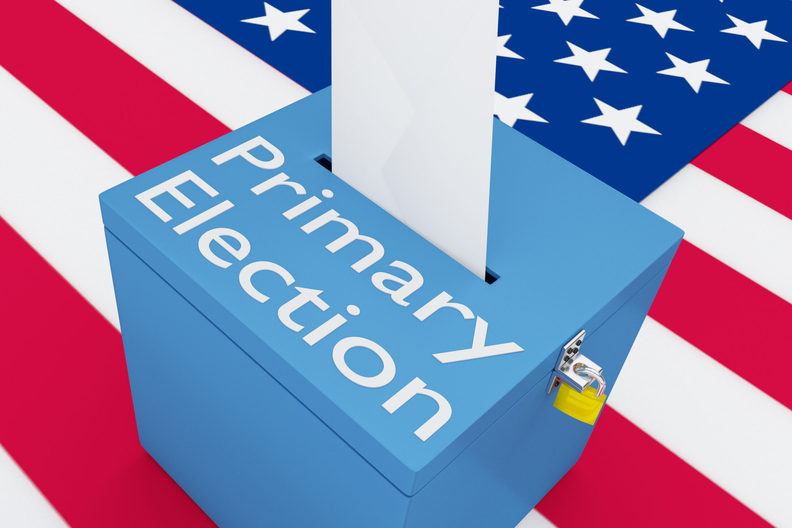 3D illustration of Primary Election script on a ballot box, with US flag as a background.